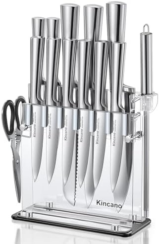 Fourteen piece stainless steel knife set with stand