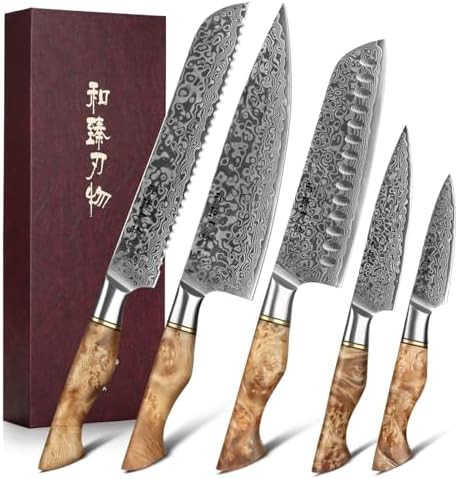 Damascus kitchen set with sycamore handles