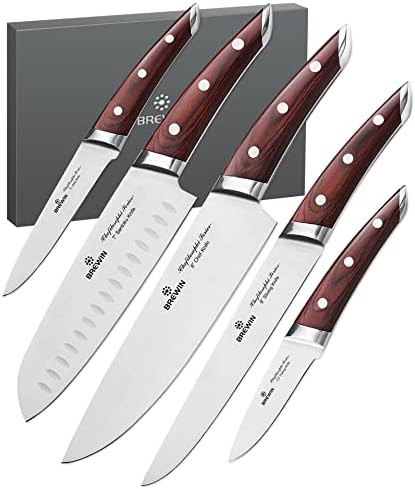 Five piece Japanese chef knife set with red handles