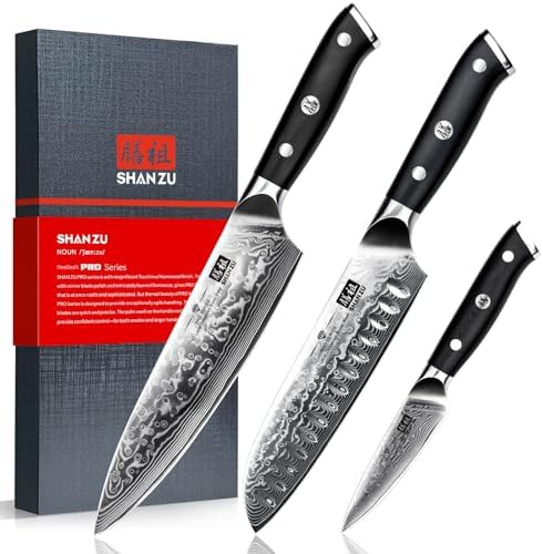 Damascus three piece kitchen knife set with gift box