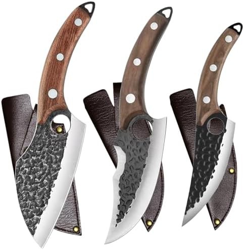 Handmade forged three piece knife set with sheaths