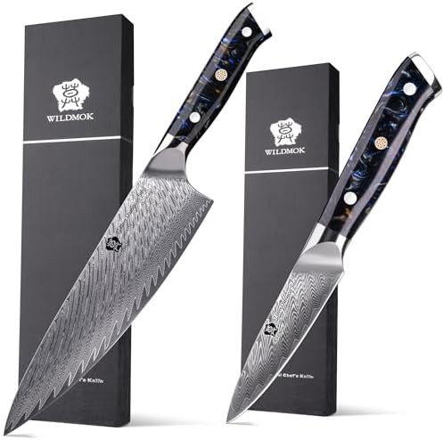 Stainless damascus chef and paring duo