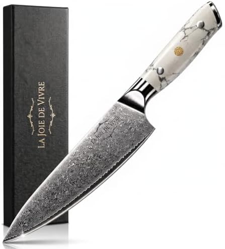 Damascus gyuto knife with white turquoise handle