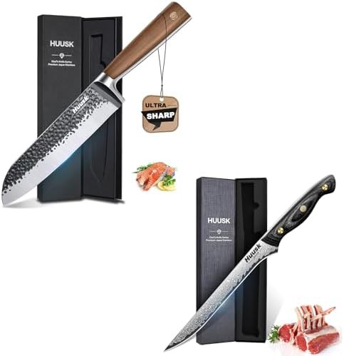 Damascus santoku and brisket trimming knife