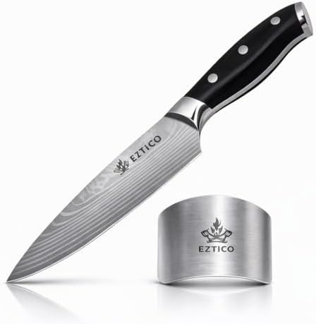 Eight inch chef knife with finger guard