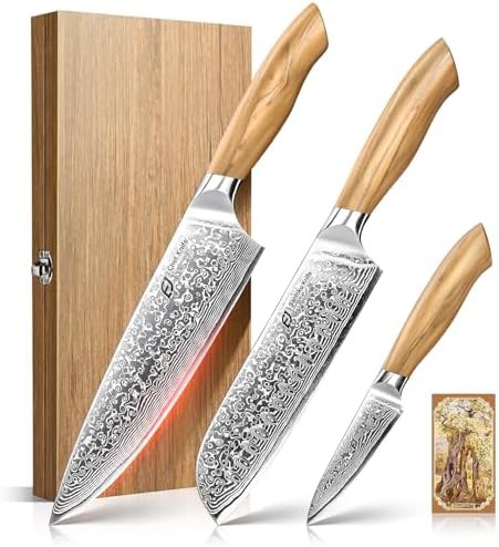 Three piece damascus steel knife set with olive wood