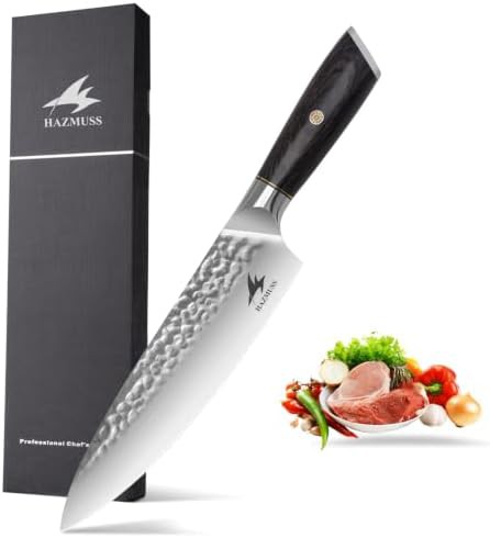 Hammered eight inch chef knife with pakkawood handle