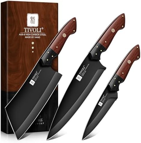 3 piece kitchen knife set with wood handle