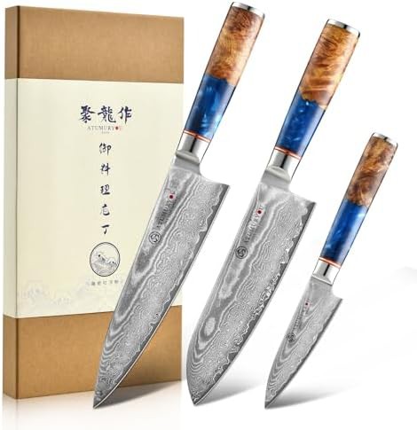 Ocean blue handle damascus knife set